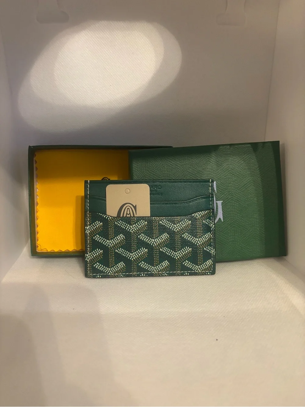 Green Chevron Patterned Card Holder with Leather Trim